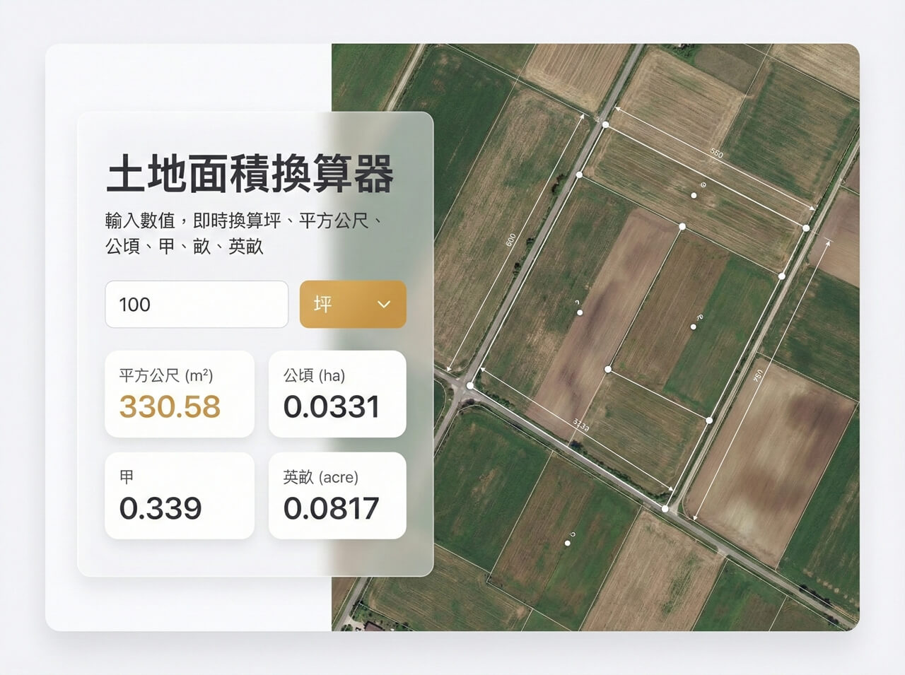 線上土地面積換算器工具封面，示意圖顯示坪、平方公尺、公頃與英畝等多種測量單位。
