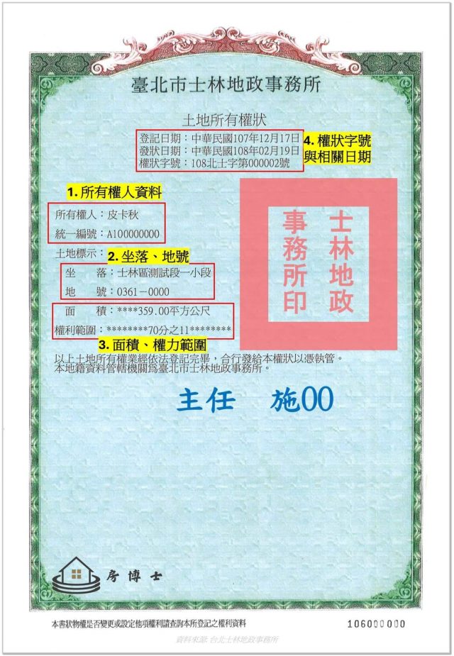 台灣土地權狀範本,顯示地號、座落地段、使用分區及地籍登記相關資訊。