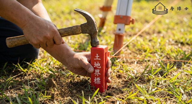 一隻手拿著鐵鎚，正在把紅色、印有「土地界標」字的塑膠界樁釘入泥土草地。