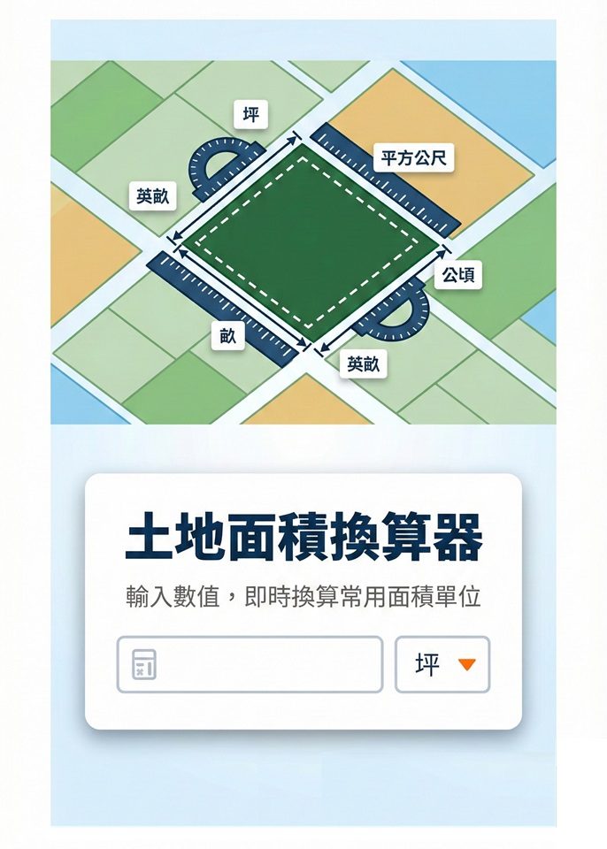 線上土地面積換算器工具封面，示意圖顯示坪、平方公尺、公頃與英畝等多種測量單位。
