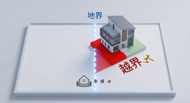 兩塊相鄰長方形土地，中間有發光虛線「地界」，其中一棟透天厝的角落明顯跨過虛線，跨出去的部分塗成紅色，寫「越界」。