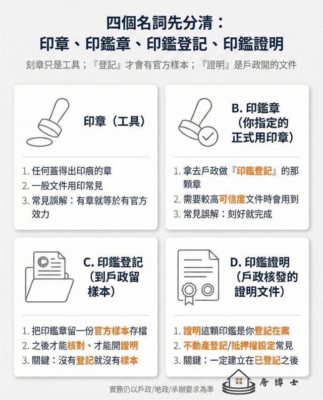 印章、印鑑章、印鑑登記、印鑑證明四個名詞差異與用途對照圖