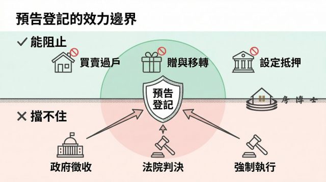 預告登記效力邊界示意圖,上半部列出預告登記能阻止的行為(買賣、贈與、設定抵押),下半部列出無法阻止的情況(政府徵收、法院判決、強制執行)