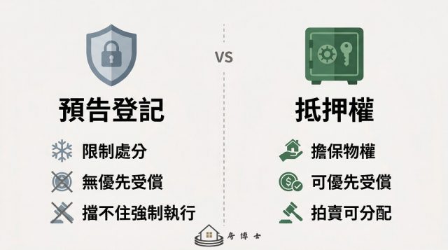 預告登記與抵押權的核心差異對比圖,左側為預告登記(限制處分、無優先受償權),右側為抵押權(擔保物權、可優先受償),中間以分隔線區分