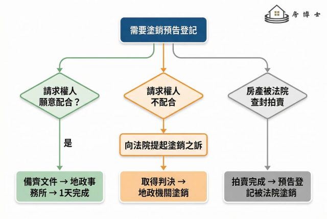 預告登記塗銷流程圖,從「需要塗銷」出發分成三條路徑:雙方合意塗銷、法院訴訟塗銷、強制執行後被塗銷,各自標示所需條件與結果