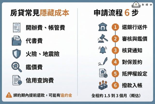 房貸隱藏成本與申請流程示意圖，提醒開辦費、代書費、火險地震險，以及從送件到撥款的步驟。