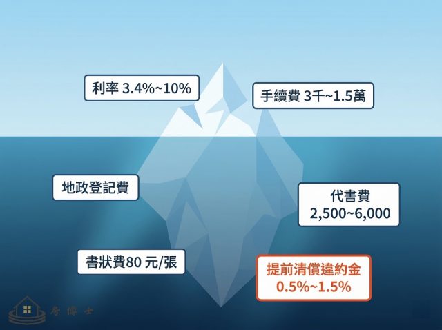 水面上是利率和手續費,水面下是地政規費、代書費與提前清償違約金等隱藏成本