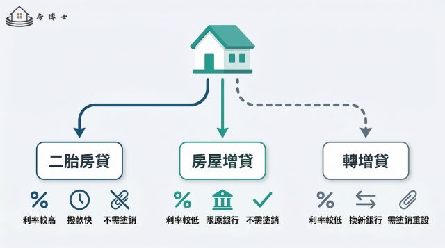 二胎房貸、房屋增貸、轉增貸三種方式的路徑比較圖,以同一棟房屋為起點分出三條不同的資金路徑