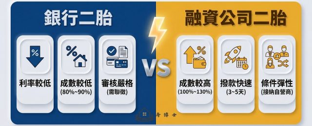 銀行與融資公司二胎房貸條件比較圖表