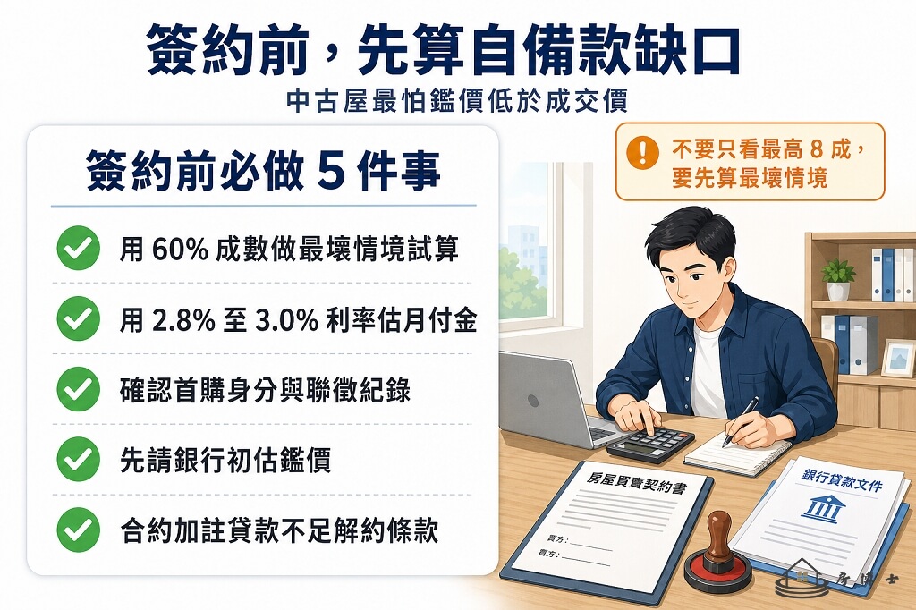 先用最保守情境試算，再決定要不要簽約，能降低貸款不足風險。