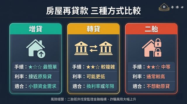 房屋增貸、轉貸、二胎房貸三種再貸款方式的視覺比較圖，分別標示手續難度、利率高低與適合情境