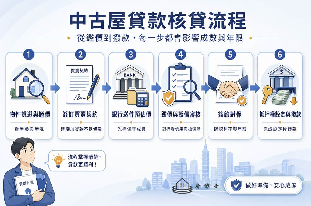 中古屋貸款不是只看成交價，銀行會在每個關卡重新確認條件。