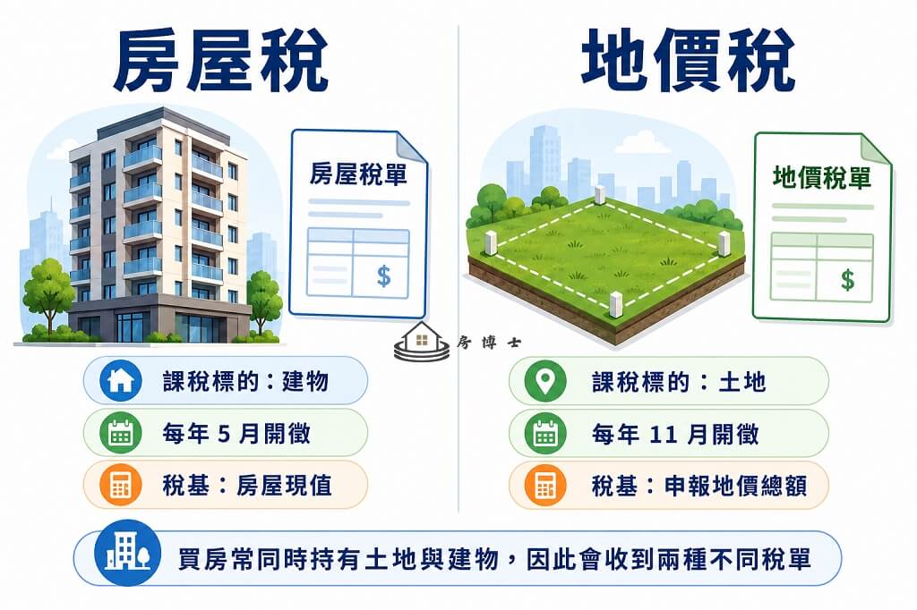 房屋稅看建物，地價稅看土地，兩者不是同一種稅