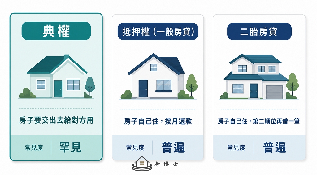 典權、抵押權、二胎房貸三者差別比較圖