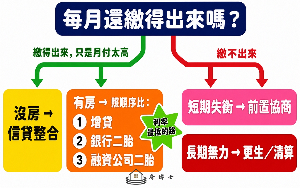先分流:繳得動看整合,繳不動走協商;有房沒房路不同