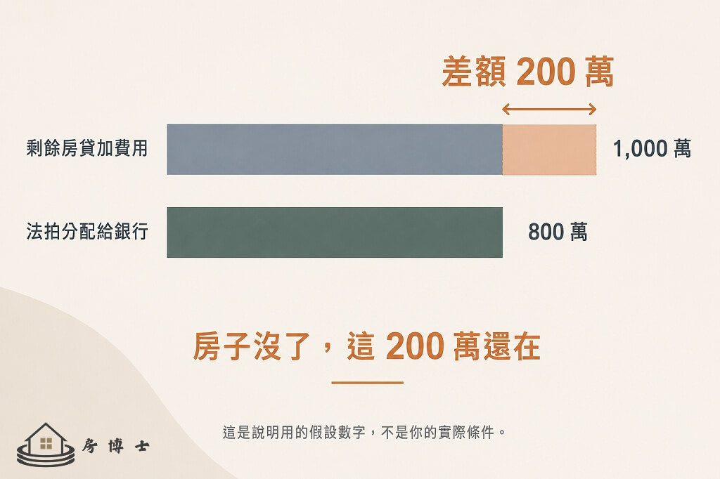 法拍後差額債務示意圖：以剩餘房貸一千萬、法拍分配八百萬為例，兩百萬差額仍在
