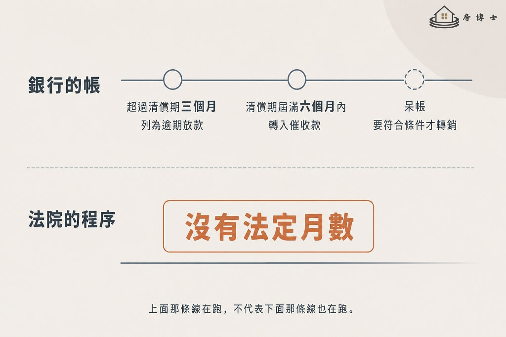銀行逾期放款三個月、催收款六個月的會計時點，對照法院程序沒有法定月數的雙軌圖